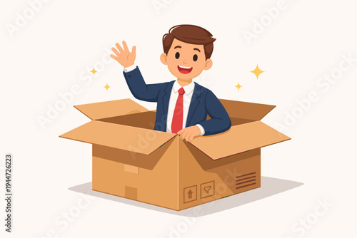 Happy Cartoon Businessman in a Blue Suit and Red Tie Waving from Inside a Large Cardboard Box, Concept for New Hire, Creative Thinking, Out of the Box Idea, and Professional Delivery Service.