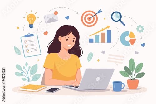 Flat vector illustration of a smiling woman working on a laptop at a desk with icons for business strategy, marketing, productivity, data analysis, creative ideas, and project management tasks.