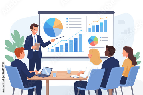 Businessman in a suit presenting data on a large screen board with charts and graphs to a group of diverse company executives and colleagues during a professional office meeting or seminar.
