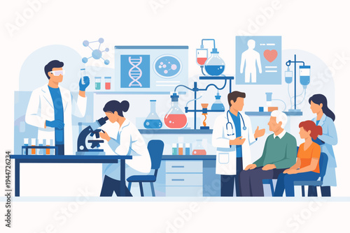 Medical research laboratory vector illustration with scientists using microscopes and test tubes while doctors consult with elderly and young patients for clinical trials and healthcare.