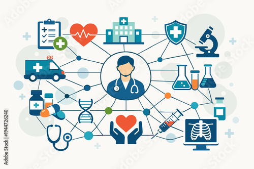 Medical Healthcare Network Concept with Flat Vector Icons of Doctor, Hospital, Ambulance, Heart, Microscope, and Syringe Connected in a Web of Integrated Health Services and Medical Care