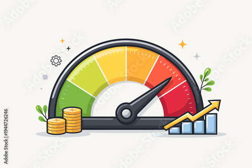 Vector illustration of a business performance meter or speedometer with the needle pointing to the maximum red zone, featuring gold coins, a rising bar chart with an arrow, and gear icons.