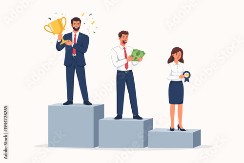 Gender Inequality and Pay Gap Concept with Business People on a Podium. Successful Man with Trophy, Second Man with Cash, and Disappointed Woman with Small Medal Representing Unfair Treatment.