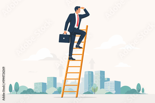 Businessman in a suit climbing a wooden ladder to gain a new perspective over a city skyline, symbolizing career growth, ambition, leadership, future vision, and professional business success.