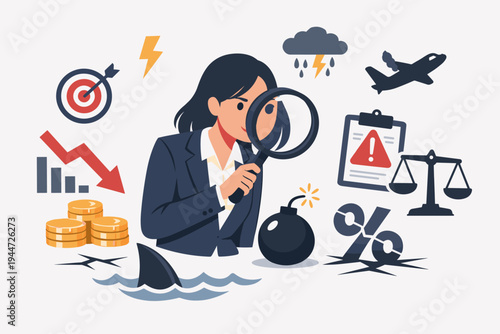 Businesswoman with Magnifying Glass Analyzing Investment and Business Risks, Financial Crisis, Market Volatility, Economic Downturn, Risk Management, Problem Solving, Flat Vector Illustration