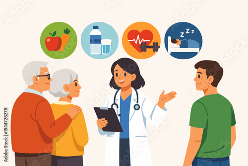 Female doctor in white coat advising senior couple and young man on healthy lifestyle habits like nutrition, hydration, exercise, and sleep. Flat vector illustration of medical consultation.