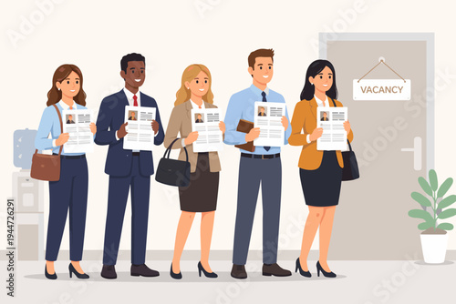 Diverse group of professional candidates standing in line holding CV resumes for a job interview vacancy. Flat vector illustration of people waiting for employment opportunity in office hallway.