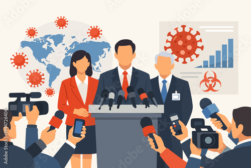 Official government press conference regarding the global coronavirus pandemic outbreak with spokespeople at a podium, news reporters, cameras, and microphones in a flat vector illustration.