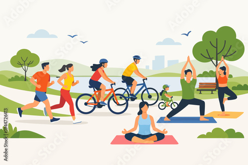 Vector Illustration of People Exercising Outdoors in a Public Park with Activities like Running, Cycling, and Practicing Yoga for a Healthy Lifestyle and Wellness in a Beautiful Natural Landscape