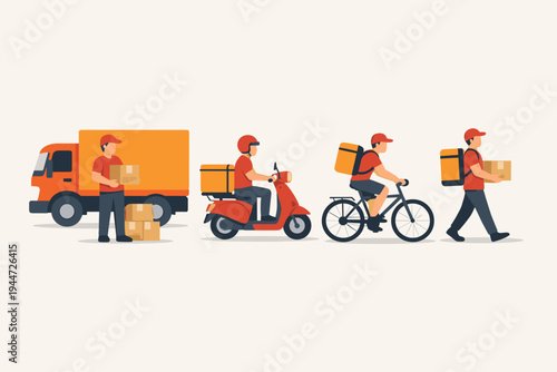 Flat vector illustration of various delivery methods featuring a shipping truck, motor scooter, bicycle courier, and walking deliveryman carrying cardboard boxes and packages for logistics.