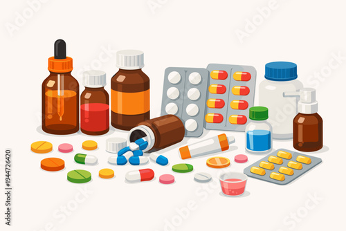 Flat vector illustration of various medical supplies including pills, capsules, blister packs, glass bottles with liquid medicine, dropper, spray, and ointment for healthcare and pharmacy.
