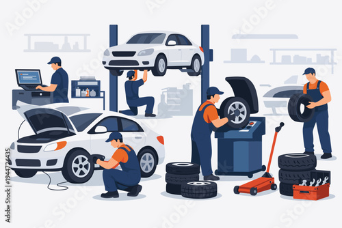 Vector Illustration of Professional Car Service and Tire Repair Workshop with Mechanics Fixing Automobiles, Changing Wheels, Performing Engine Diagnostics, and Using Hydraulic Car Lifts
