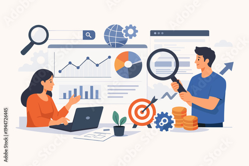 Business Data Analysis and SEO Optimization Concept with Man and Woman Professionals Examining Charts, Graphs, and Marketing Metrics for Digital Growth Strategy, Flat Vector Illustration
