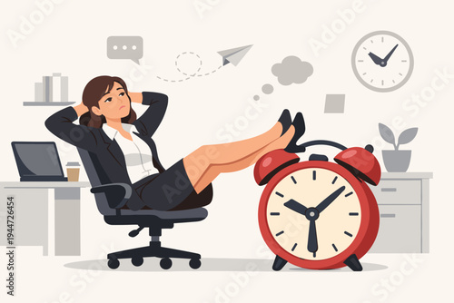 Vector illustration of a young procrastinating businesswoman sitting in her office chair with her legs resting on a giant red alarm clock, bored female employee daydreaming and wasting work time.