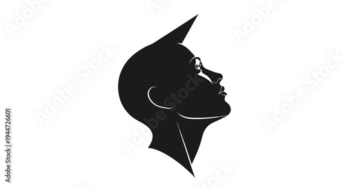 Black silhouette of a person's head in profile with a sharp, spiky hairstyle looking upwards, minimalist design.