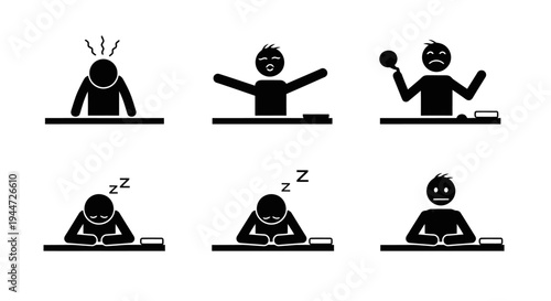 Stick figures illustrating various student emotions and states of mind at desks, including stress, excitement, boredom, and sleep.