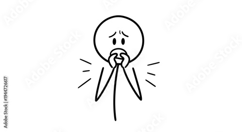Stick figure cartoon drawing of a person feeling shocked, scared, or worried, covering their mouth with hands.
