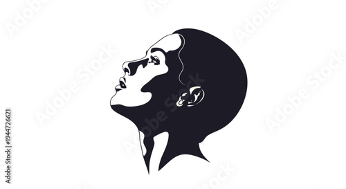 Stylized black and white silhouette of a person's head looking upwards with a thoughtful expression.