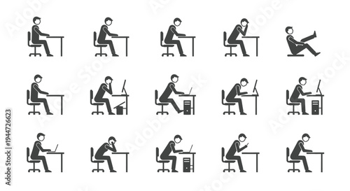A collection of black and white icons illustrating various ergonomic and non-ergonomic sitting postures at a desk with a computer, demonstrating different ways people sit while working or relaxing.