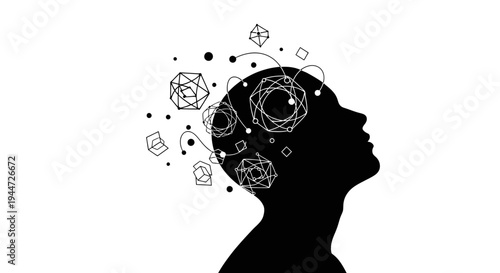 Abstract illustration of a human head silhouette with complex geometric shapes and lines representing thoughts, ideas, and mental processes on a white background.
