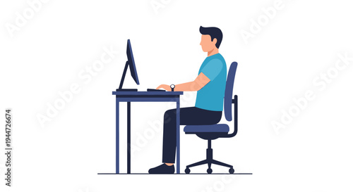 Man sitting at a desk working on a computer with good ergonomic posture in a professional setting.