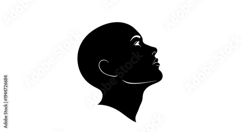 A black silhouette of a person's head in profile, looking up with a thoughtful expression against a white background.