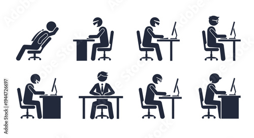 Eight stick figures illustrating various ergonomic and non-ergonomic sitting postures at a desk with a computer, depicting different ways people work.