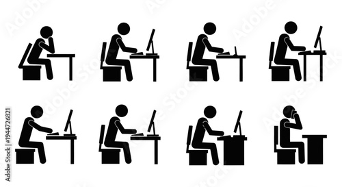 Stick figures illustrating various sitting postures and ergonomic positions at a computer desk, highlighting good and bad habits for office workers.