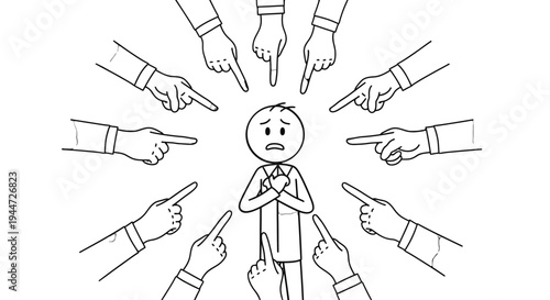 Cartoon stick figure person being accused and blamed by many pointing hands, feeling scared and anxious.