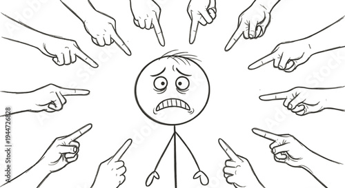 Cartoon stick figure character feeling sad and stressed, surrounded by many pointing fingers representing blame, accusation, and social pressure.