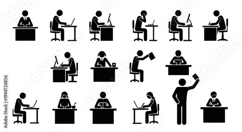 Set of black silhouette icons depicting various people working, studying, and performing office tasks at desks with computers and papers.