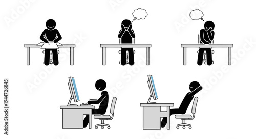 Stick figures illustrating various emotional states and work activities at a desk, from stress and sadness to focused work and relaxation.