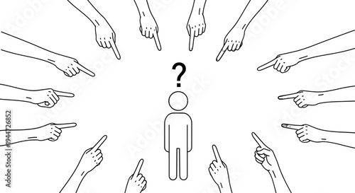 Many hands pointing fingers at a person with a question mark, symbolizing blame, accusation, and social judgment.