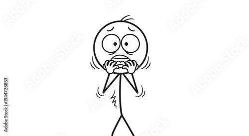 A simple black and white stick figure drawing depicting a person in a state of fear, with wide eyes, hands near mouth, and trembling body.