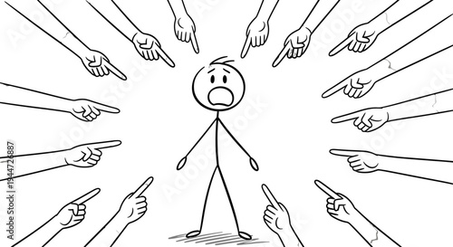 Cartoon stick figure looking scared and overwhelmed by many hands pointing fingers of blame and accusation from all directions.