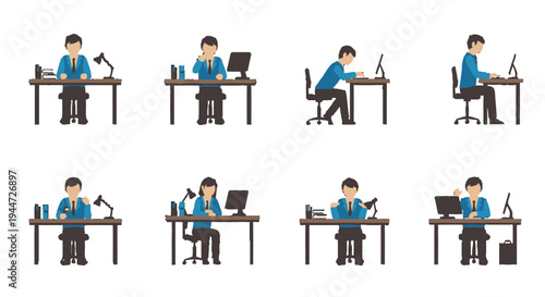 A series of illustrations demonstrating various ergonomic and non-ergonomic postures for people working at computer desks in an office environment.