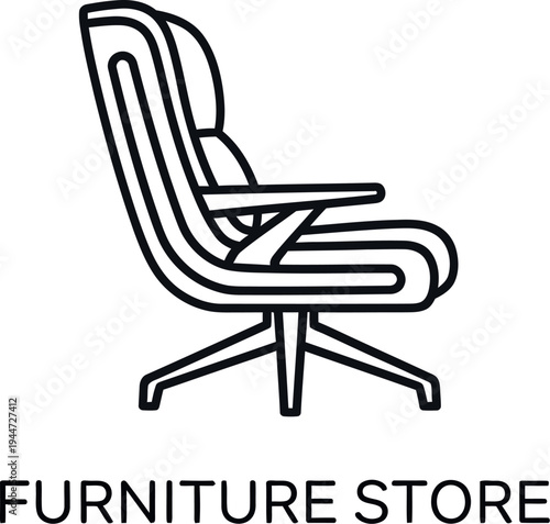 Black and white line art logo depicting a modern executive office chair above the words furniture store