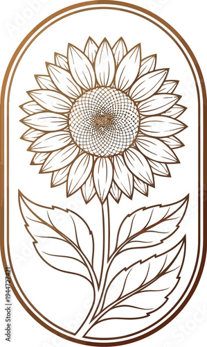 Elegant and minimalist golden-brown line art illustration featuring a beautiful sunflower with intricate details and delicate leaves, perfectly enclosed within a stylish vertical oval frame.