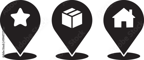 Set of Location Pin Icon: Star, Parcel, Home: A monochrome trio of location pin icons, each representing a distinct element: a star, a parcel, and a home, against a light backdrop.