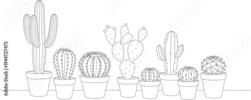 A minimalist black and white line art illustration features a delightful collection of various potted cacti, showcasing their diverse shapes and sizes, perfect for desert plant enthusiasts.
