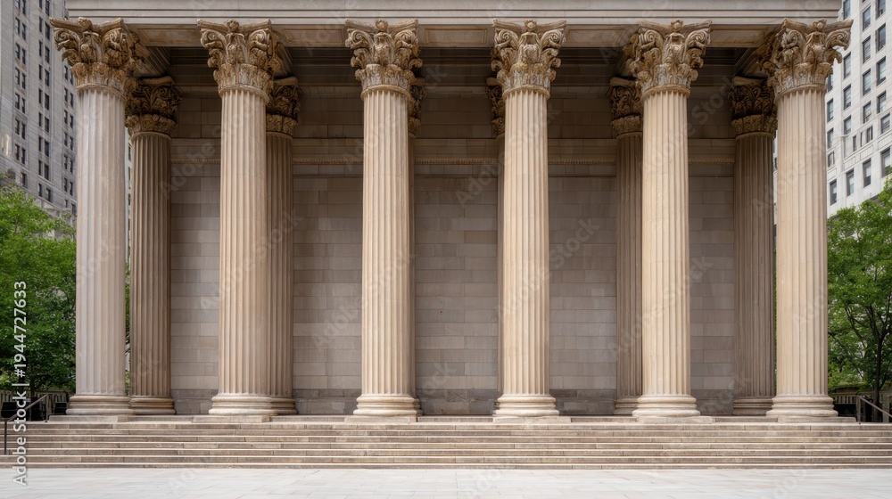 Naklejka premium Stately architectural scene: columned portico, marble steps, and symmetrical stone faÃ§ade