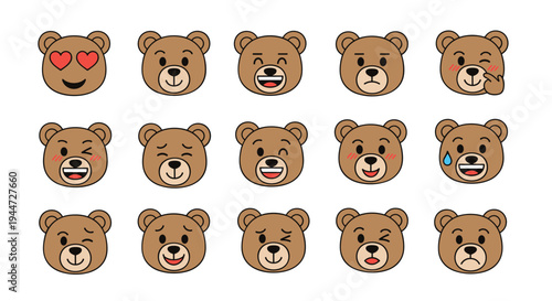 Collection of cute brown bear emoji faces displaying a wide range of emotions and expressions for social media and messaging.