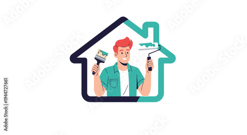 Professional painter or DIY enthusiast holding painting tools inside a house shape symbolizing home improvement and renovation services.
