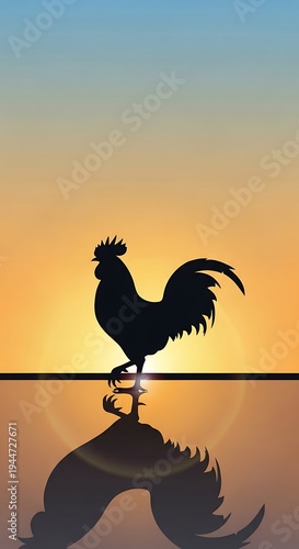Rooster silhouette at sunset landscape.