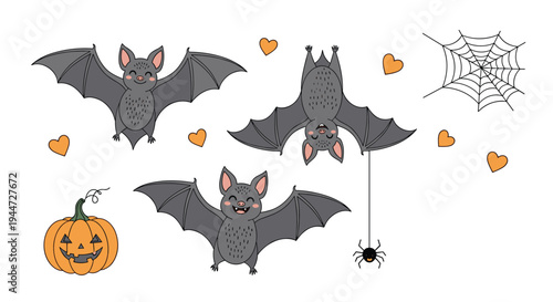 Fun Halloween scene with cute bats flying, a smiling jack-o-lantern, and a spider hanging from its web amongst orange hearts.