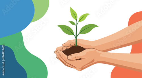 Human hands carefully holding a small growing plant in soil to represent environmental protection, growth, and sustainable living.