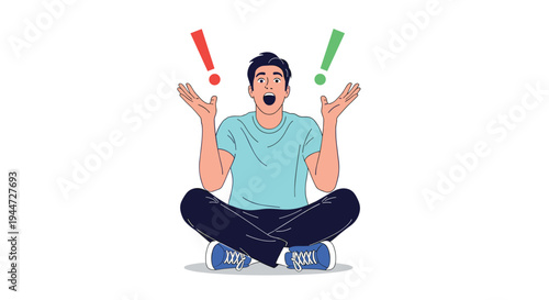 Surprised and excited man sitting on the floor with exclamation mark icons floating above his hands to show astonishment or alert.