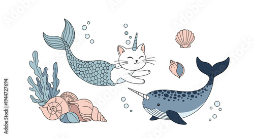 Cute fantasy underwater illustration with a mermaid kitten swimming alongside a narwhal among corals and seashells.