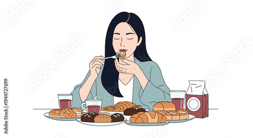 Young woman enjoying a large breakfast spread with many types of bread, croissants, and chocolate pastries on a table.