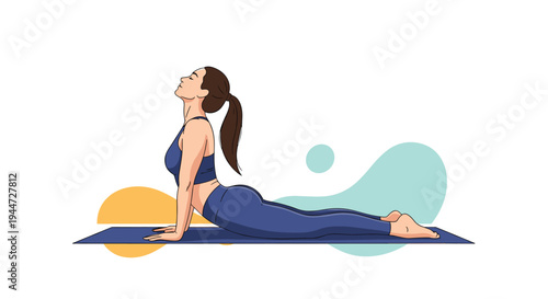 Fit young woman practicing the Cobra yoga pose on a blue mat to improve flexibility, strength, and mental wellness.